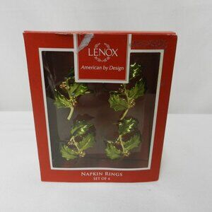 Lenox Holiday Set of 4 Napkins Rings Holly Berries green gold metallic NEW NIB